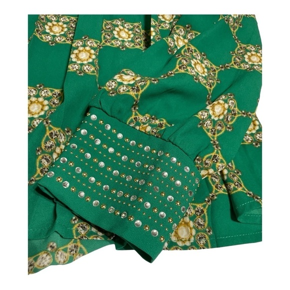 Alfani Green Baroque Print Studded Cuff Blouse Size 12 - Picture 9 of 14